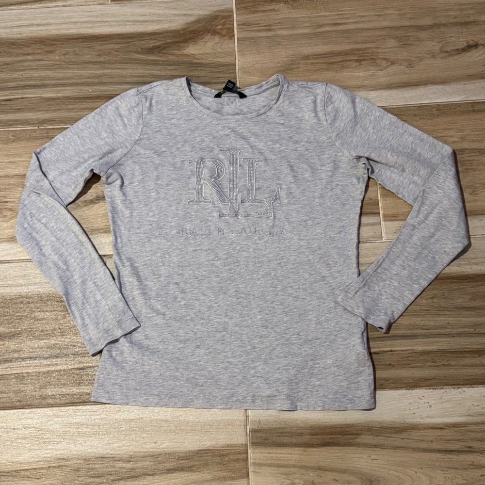 Lauren Ralph Lauren Grey Studded RLL Monogram Long Sleeve Tee Medium
